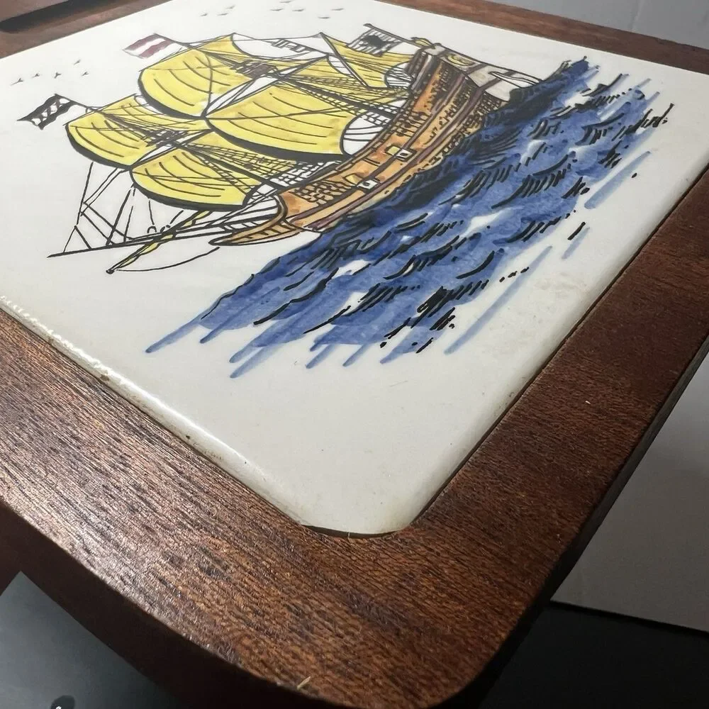 Vintage Wooden Cutting Board Cheese Tray with Hand Painted Ceramic Galleon Ship